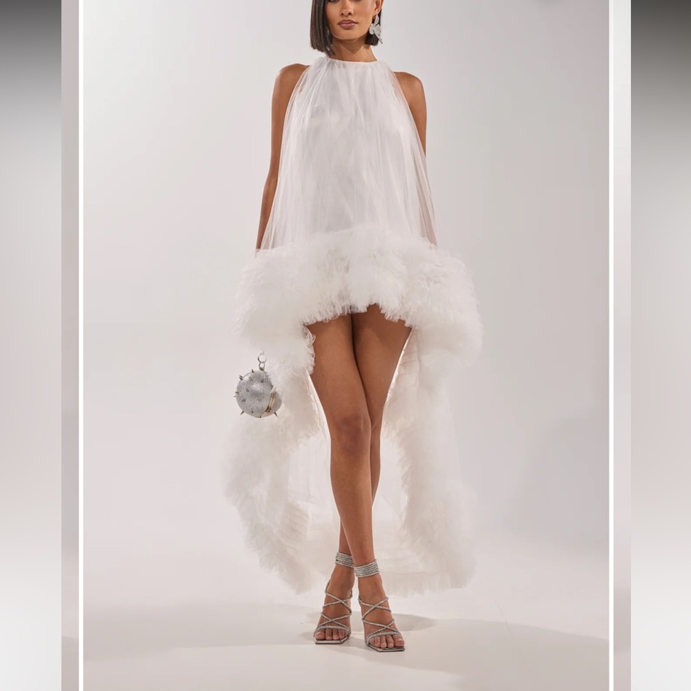 AKIRA White High-Low Feathered Mini Dress